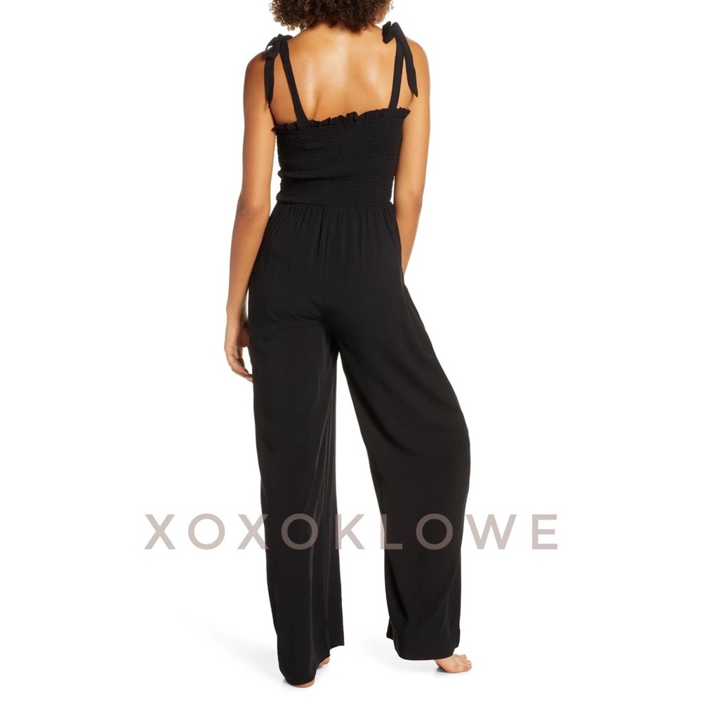 POL Black Relaxed Fit Smocked Jumpsuit Self Tie Shoulder Ribbons - Picture 5 of 16